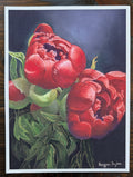 Artistic depiction of red flowers with green leaves on a dark background