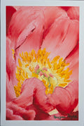 Close-up of a pink flower with yellow center, painting by Megan Taylor