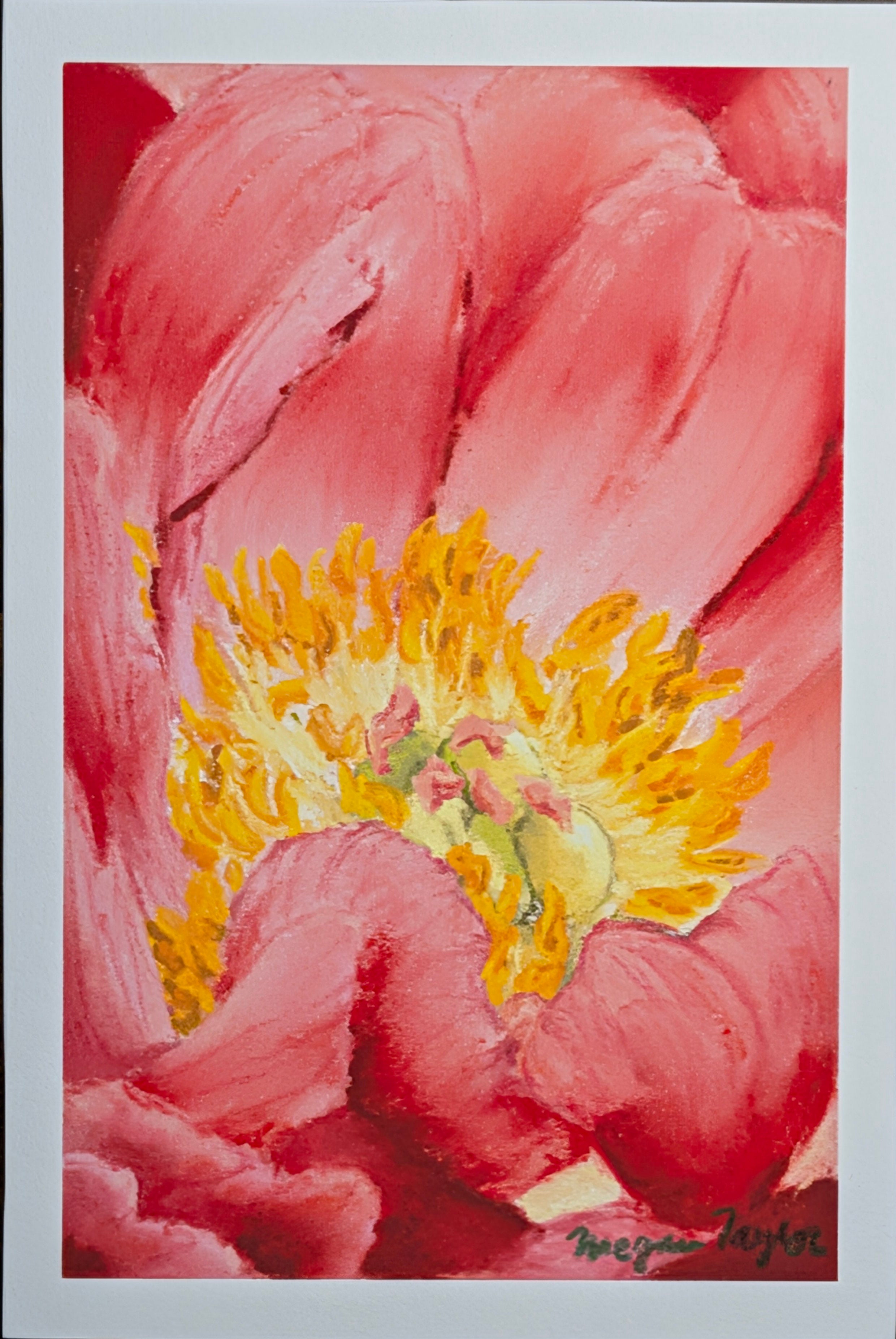 Close-up of a pink flower with yellow center, painting by Megan Taylor