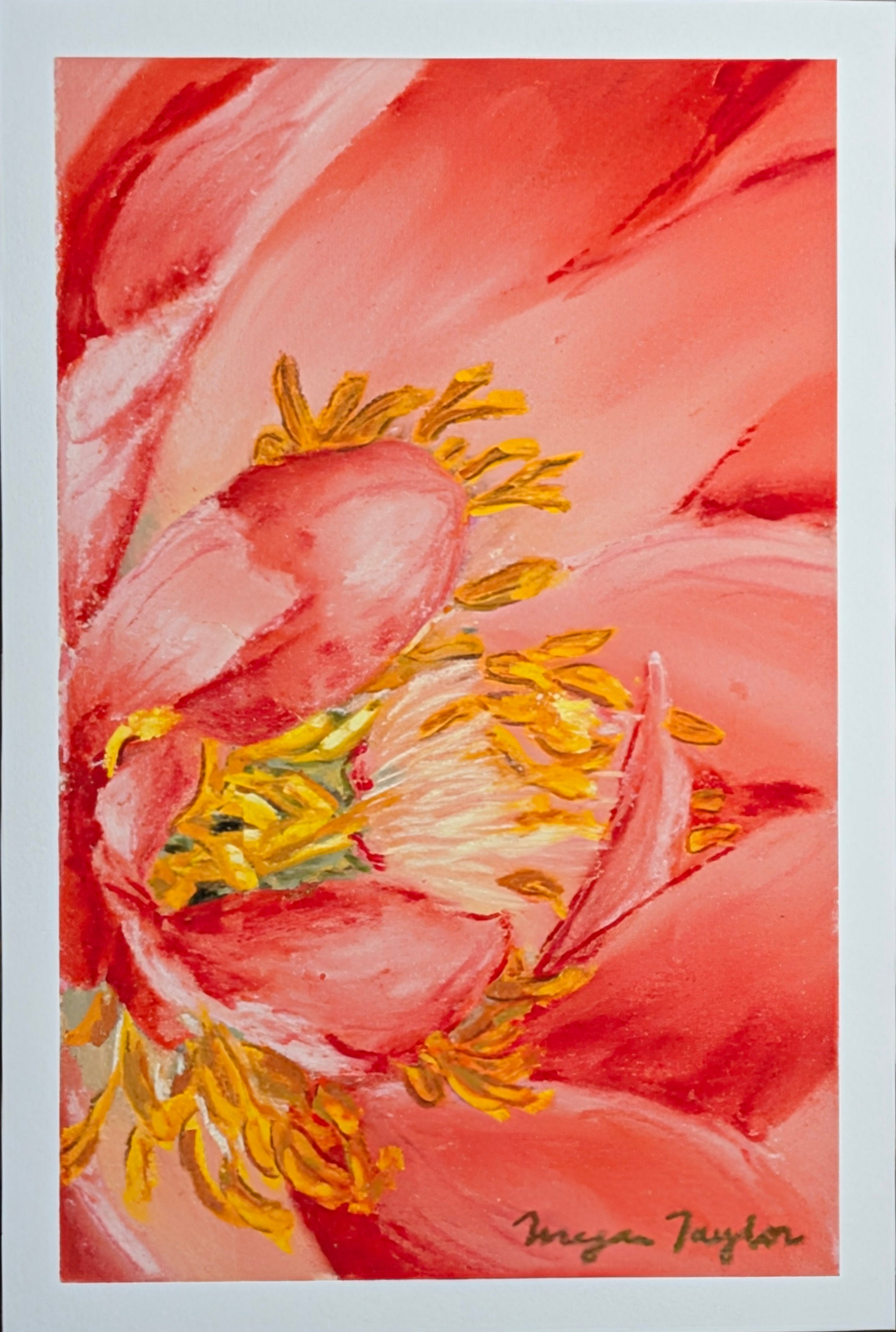 Artistic depiction of pink flowers with yellow stamens